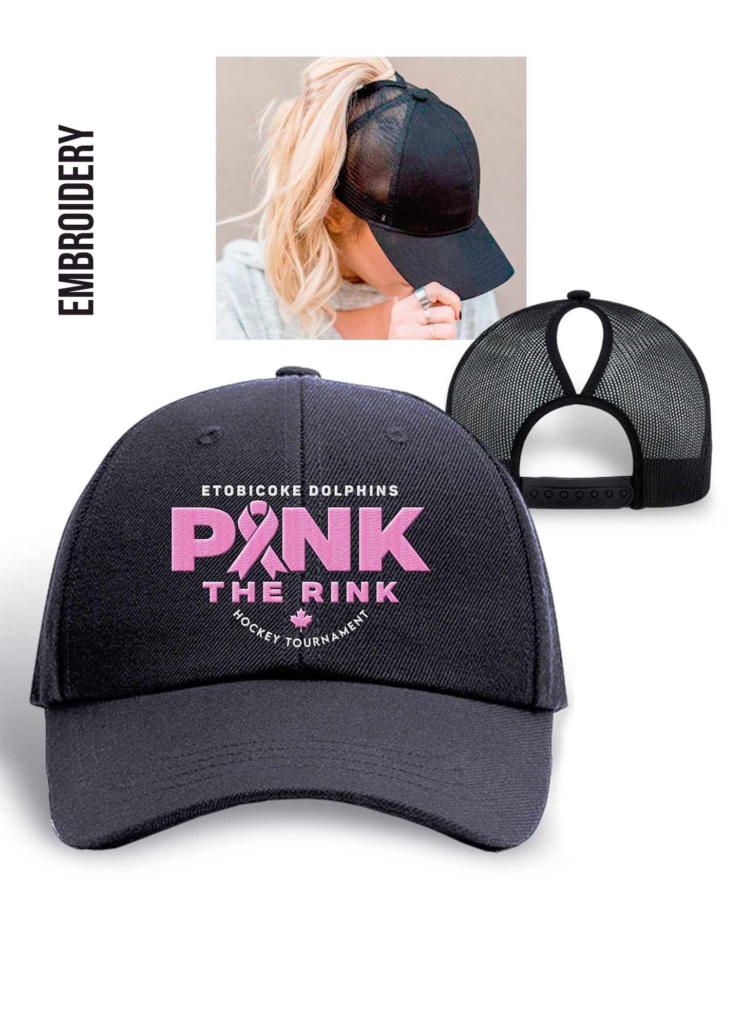 Pink the Rink Ponytail Black Baseball Hat1