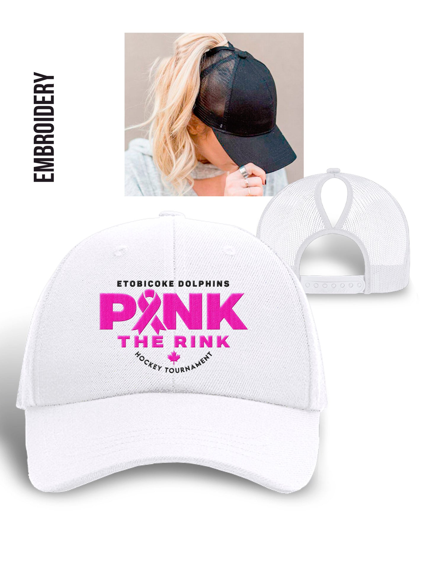 Pink the Rink Ponytail White Baseball Hat2